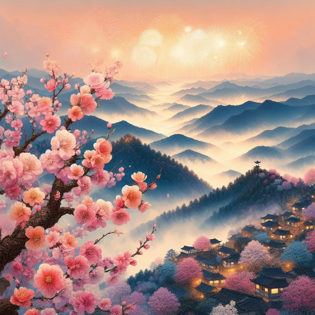 根据“山上层层桃李花，云间烟火是人家”生成图
由 - 图1