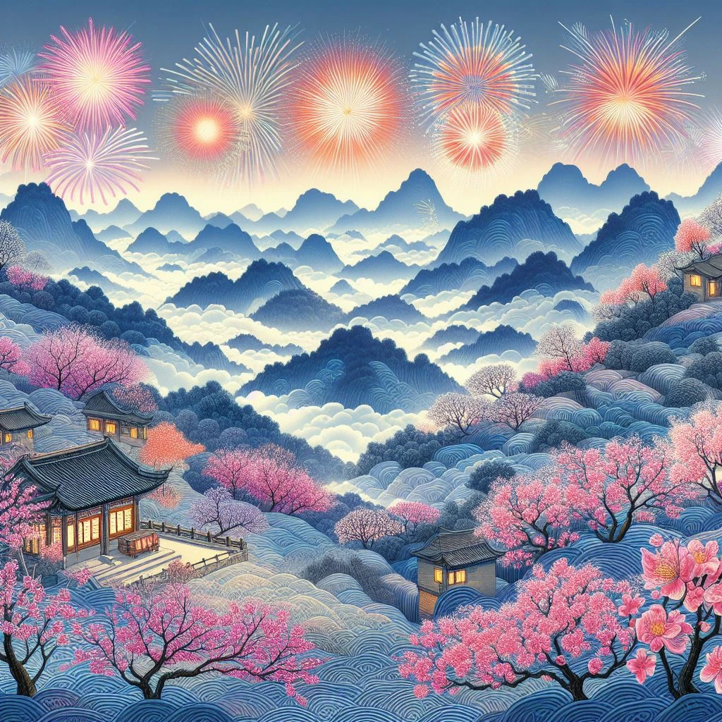 根据“山上层层桃李花，云间烟火是人家”生成图
由 - 图2