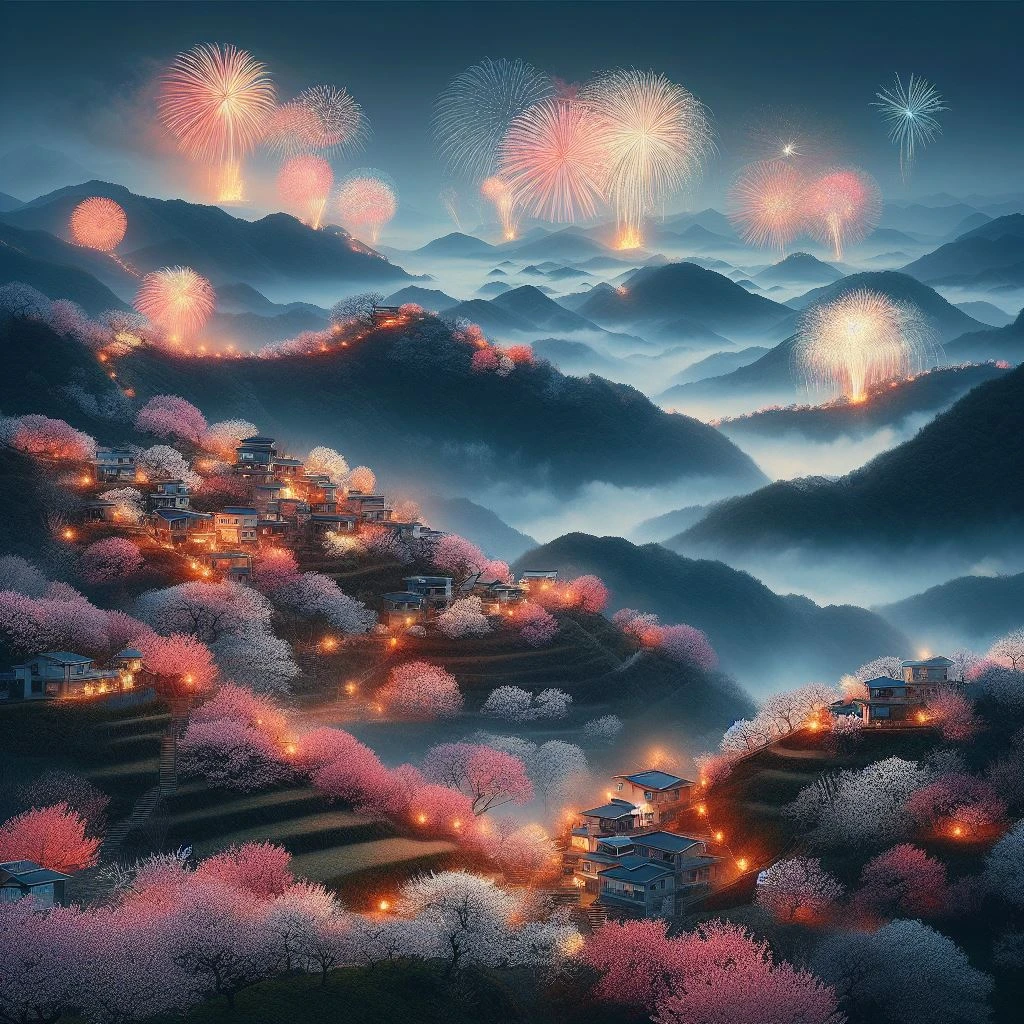 根据“山上层层桃李花，云间烟火是人家”生成图
由 - 图3