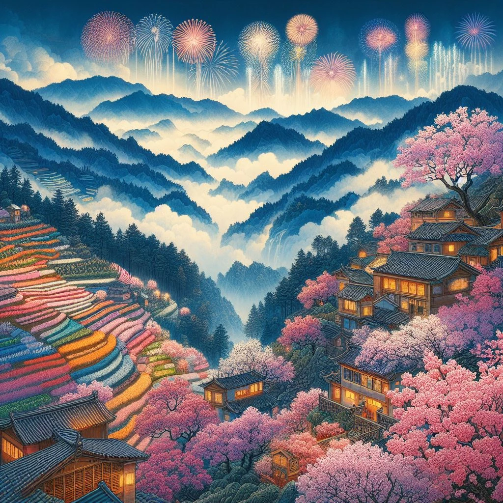 根据“山上层层桃李花，云间烟火是人家”生成图
由 - 图4